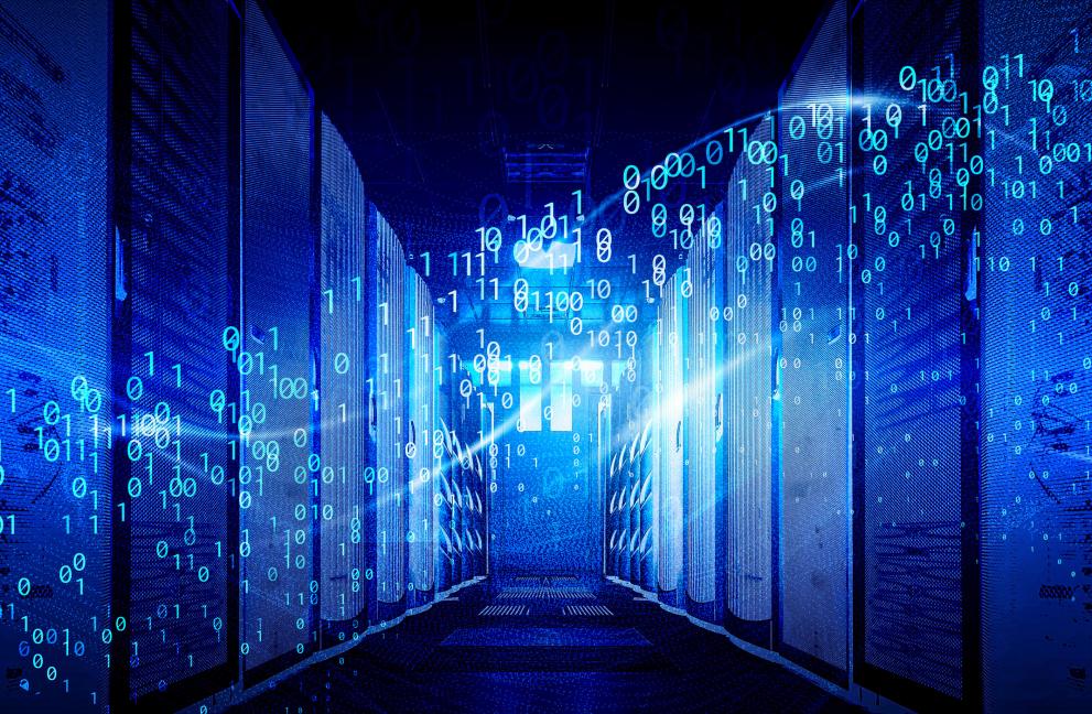 Pictures of a data center with a flow of data