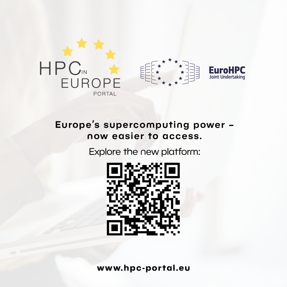 Logo of the HPC in Europe Portal including yellow stars of the EU Flag with Q code to explore the portal