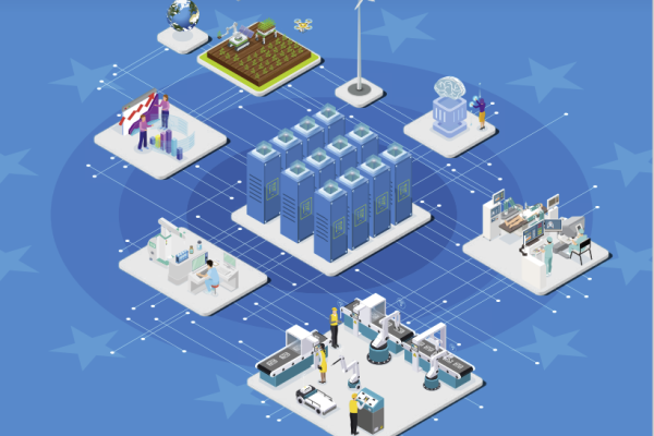 A supercomputer at the center, surrounded by potential applications' areas: health, energy, climate, industry, research.