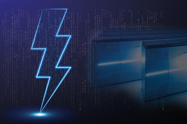 A digital lightning bolt representing JUPITER next to some data flow and an Eviden supercomputer