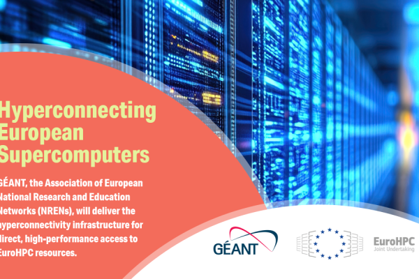 an image of a super computer with some descriptive text and the logos of GEANT and EuroHPC JU