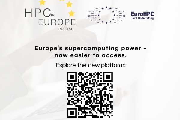 Logo of the HPC in Europe Portal including yellow stars of the EU Flag with Q code to explore the portal