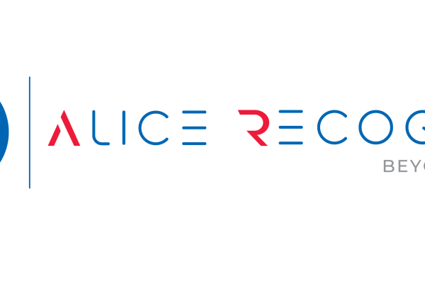 Logo of Alice Recoque : name of the system written in blue and red on a white background with a start